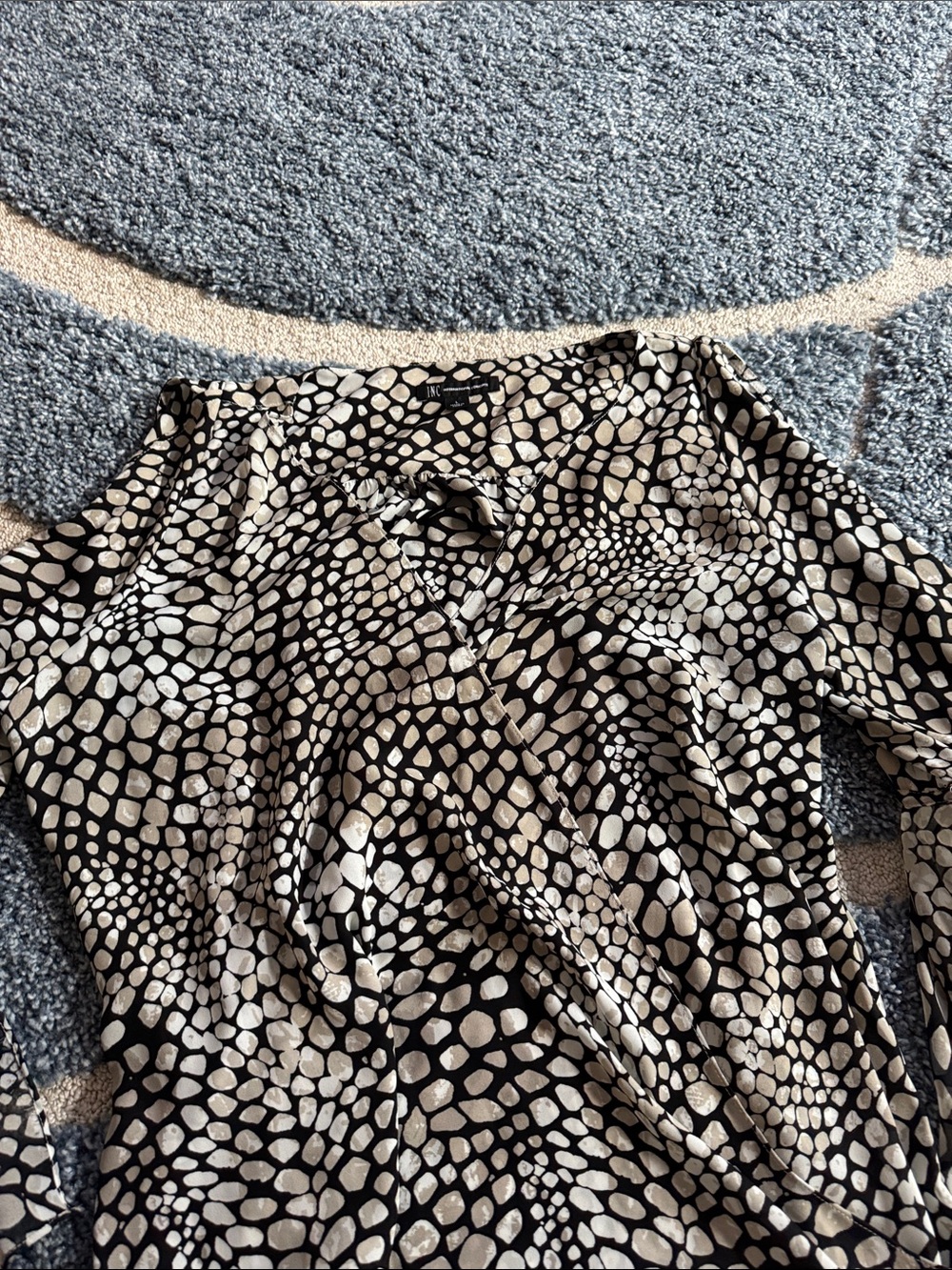INC. Black/Cream Pebble Blouse with cold shoulder and boho bell sleeve